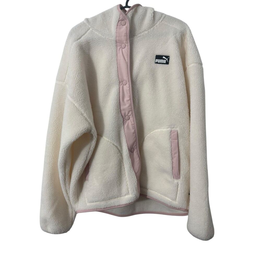 Puma Hooded Sherpa Fleece Jacket Womens Ivory Pink Athletic Outerwear Large